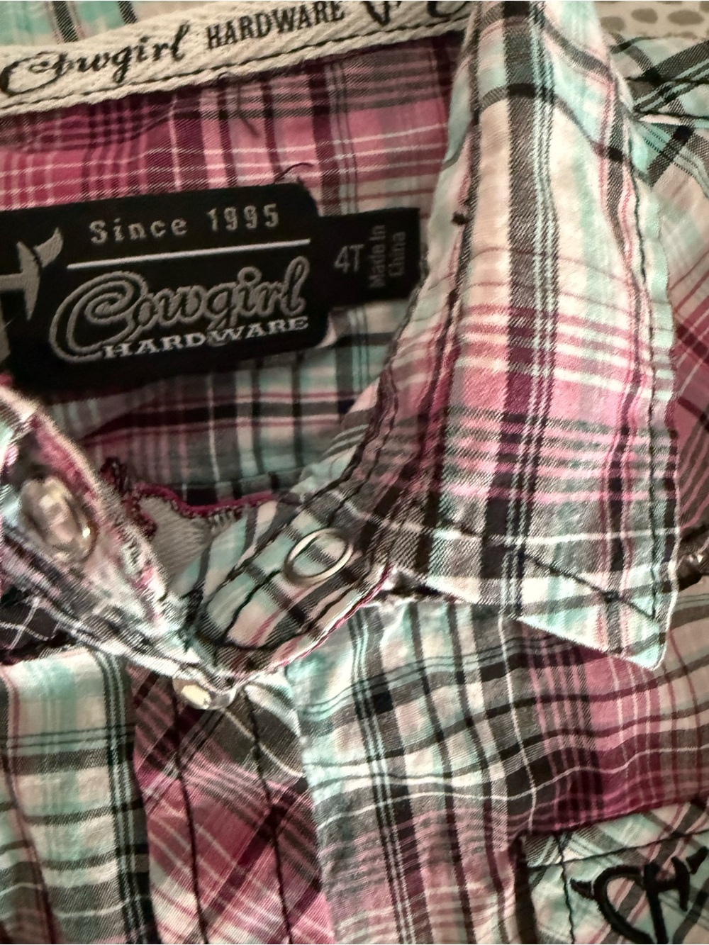 Cowgirl Hardware Girls Plaid Button-Down Shirt in Pink & Teal - Picture 2 of 2